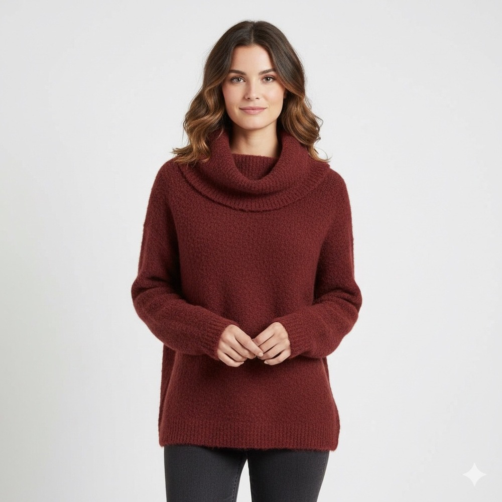 Vince Boucle Turtleneck Tunic Sweater Ruby Ink Red Alpaca Wool Blend Small